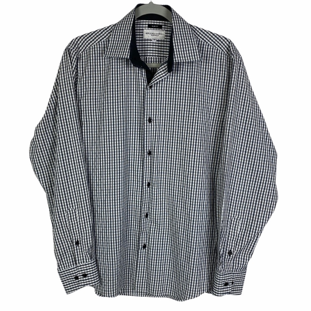 Bruno Corza Plaid Slim Button‎ Down Shirt Men's Medium Black White Long Sleeve